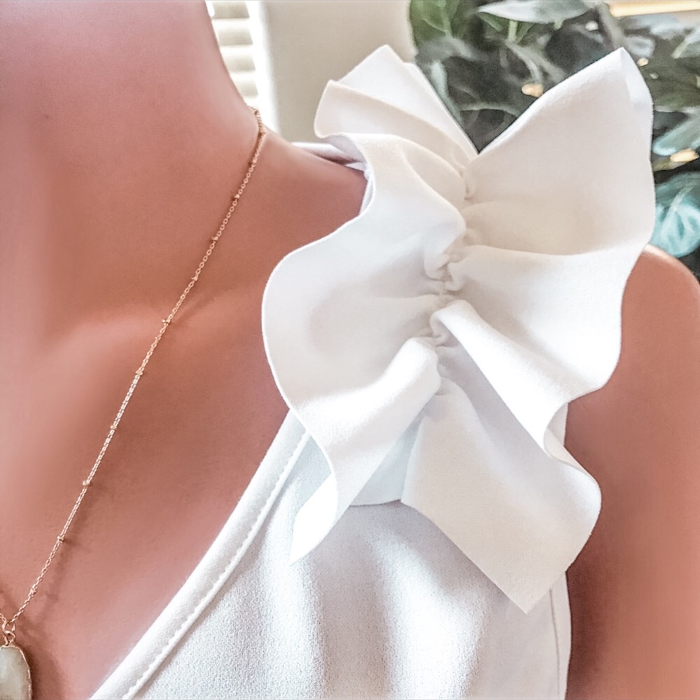White V Neck Top With Ruffle Shoulder